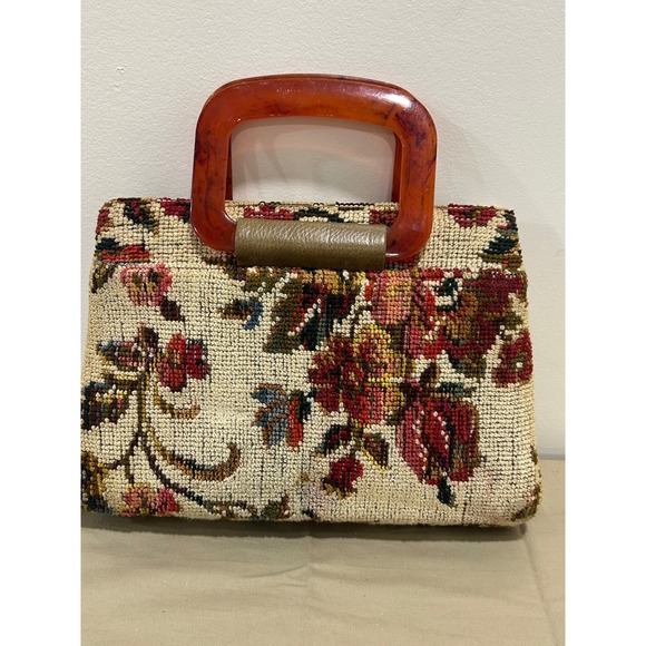 Vintage Tapestry Floral Handbag Amber Lucite Handle Kiss Lock Closure Women - Picture 2 of 11